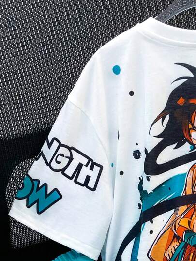 SHEIN مجموعة من قطعتين (بلوزة وشورت) بموديل الشباب الألطف بنمط الرسومات الكرتونية وطباعة الجرافيتي، نصف أكمام، خصر مرن، مناسب للخريف والربيع والصيف، للألعاب الخارجية والمدرسة والطراز الشارعي والسهرات والراحة المنزلية