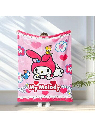 Sanrio 1 قطعة بطانية من الفلانيل المطبوع عليها رسوم كرتونية لشخصيات سانريو (هلو كيتي ، باتز ماورو ، ماي ميلودي ، سيناموريل ، بوتشاكو ، بورين) ، مناسبة لاستخدامها في المنزل ، الإقامة الجامعية ، التخييم ، النزهة ، السفر بالسيارة ، هدية متعددة الاستخدامات