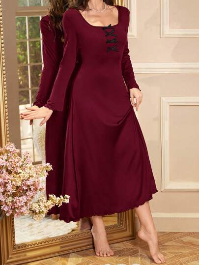 SHEIN فستان نسائي كاجوال مريح بتصميم كشكش وفيونكة أنيقة، مناسب للخريف والشتاء