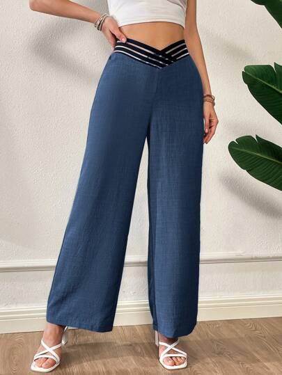 SHEIN Essnce سراويل نسائية بتأثير جينز بتصميم رقبة على شكل حرف V وخصر غير متماثل، فضفاضة وبساق واسعة، مناسبة للصيف
