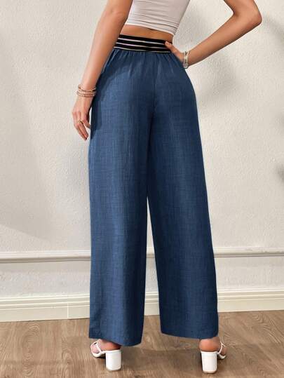 SHEIN Essnce سراويل نسائية بتأثير جينز بتصميم رقبة على شكل حرف V وخصر غير متماثل، فضفاضة وبساق واسعة، مناسبة للصيف