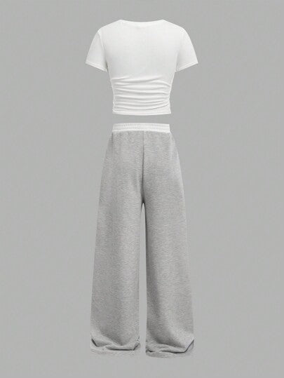 SHEIN Girlism مجموعة من ملابس علوية كم قصير وبنطال ساق مستقيم من الصوف اللينة للفتيات المراهقات الرياضية
