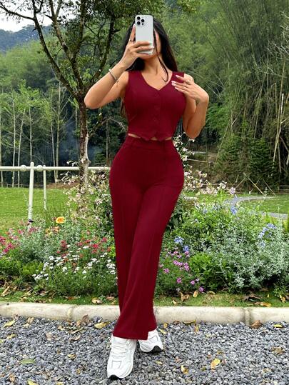 PETITE مجموعة سترة وبنطلون لون أحادي للسيدات كاجوال وللتنقل اليومي، 2 قطعة