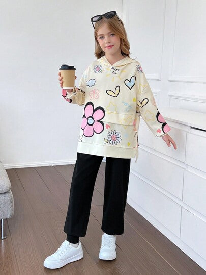 SHEIN مجموعتان من ملابس البنات المراهقات الرياضية الكاجوال الرياضية ذات الطباعة الرسومية والقلب الكرتوني والنصوص الإنجليزية، بتصميم فضفاض مريح، سترة هوديي بأكمام طويلة وبنطلون ضيق قطني مناسب للربيع والخريف والشتاء والارتداء المنزلي والخارجي