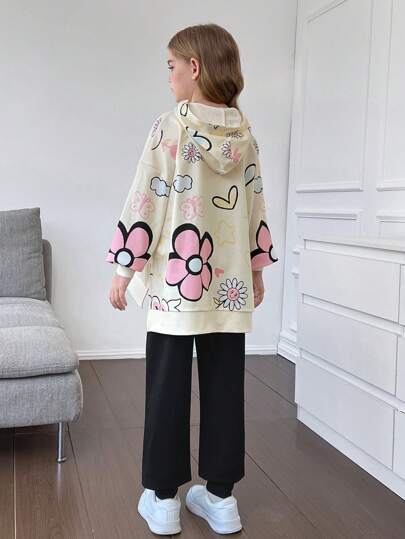 SHEIN مجموعتان من ملابس البنات المراهقات الرياضية الكاجوال الرياضية ذات الطباعة الرسومية والقلب الكرتوني والنصوص الإنجليزية، بتصميم فضفاض مريح، سترة هوديي بأكمام طويلة وبنطلون ضيق قطني مناسب للربيع والخريف والشتاء والارتداء المنزلي والخارجي