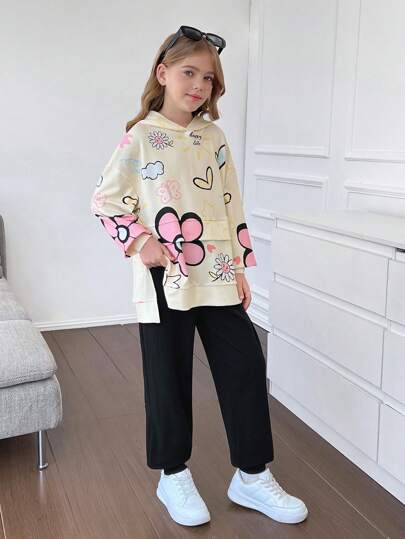SHEIN مجموعتان من ملابس البنات المراهقات الرياضية الكاجوال الرياضية ذات الطباعة الرسومية والقلب الكرتوني والنصوص الإنجليزية، بتصميم فضفاض مريح، سترة هوديي بأكمام طويلة وبنطلون ضيق قطني مناسب للربيع والخريف والشتاء والارتداء المنزلي والخارجي