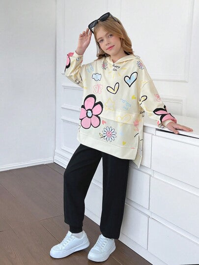 SHEIN مجموعتان من ملابس البنات المراهقات الرياضية الكاجوال الرياضية ذات الطباعة الرسومية والقلب الكرتوني والنصوص الإنجليزية، بتصميم فضفاض مريح، سترة هوديي بأكمام طويلة وبنطلون ضيق قطني مناسب للربيع والخريف والشتاء والارتداء المنزلي والخارجي