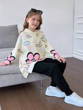 SHEIN مجموعتان من ملابس البنات المراهقات الرياضية الكاجوال الرياضية ذات الطباعة الرسومية والقلب الكرتوني والنصوص الإنجليزية، بتصميم فضفاض مريح، سترة هوديي بأكمام طويلة وبنطلون ضيق قطني مناسب للربيع والخريف والشتاء والارتداء المنزلي والخارجي