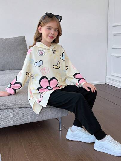 SHEIN مجموعتان من ملابس البنات المراهقات الرياضية الكاجوال الرياضية ذات الطباعة الرسومية والقلب الكرتوني والنصوص الإنجليزية، بتصميم فضفاض مريح، سترة هوديي بأكمام طويلة وبنطلون ضيق قطني مناسب للربيع والخريف والشتاء والارتداء المنزلي والخارجي
