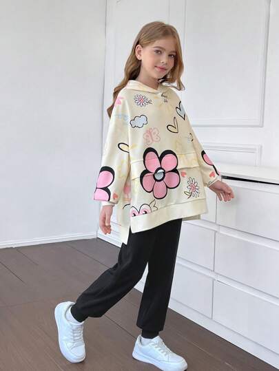 SHEIN مجموعتان من ملابس البنات المراهقات الرياضية الكاجوال الرياضية ذات الطباعة الرسومية والقلب الكرتوني والنصوص الإنجليزية، بتصميم فضفاض مريح، سترة هوديي بأكمام طويلة وبنطلون ضيق قطني مناسب للربيع والخريف والشتاء والارتداء المنزلي والخارجي