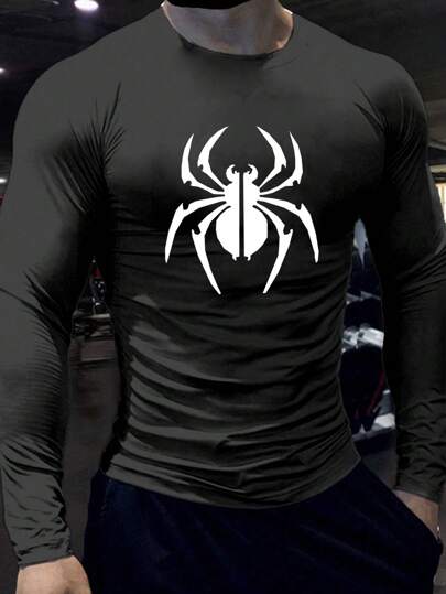 Manfinity Sport Corelite تي شيرت كاجوال للرجال بياقة دائرية أسود بأكمام طويلة مطبوع بنقشة عنكبوت، للارتداء اليومي