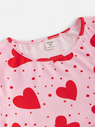 girls-sets فتاة مراهقة مجموعة مكونة من 2 قطعة، تيشيرت مطبوع بنمط القلب بأكمام محشوة وياقة دائرية مريحة، بنطال واسع