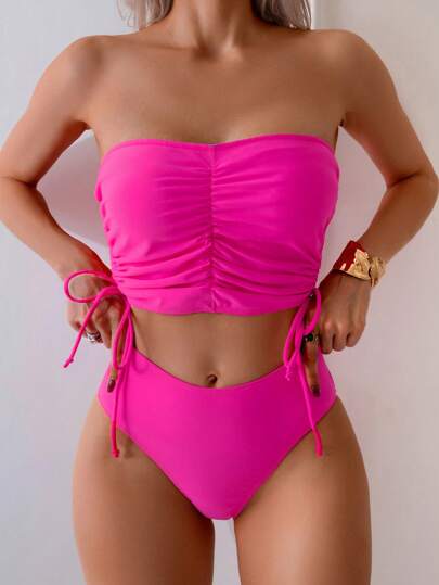 طقم تانكيني حريمي Swim طقم بيكيني مكون من توب محصور بحمالات رفيعة وبنطلون عالي الخصر بسحاب جانبي للنساء في الصيف