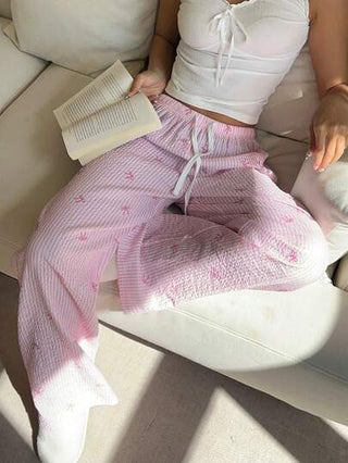 Aloruh سراويل طويلة مريحة منخفضة الخصر أنيقة وجذابة، طبعات الشريط وربطة العنق متعددة الاستخدامات