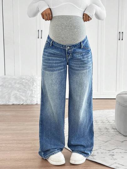 SHEIN بنطال جينز حمل مُصنَّع من الجينز الأزرق الكحلي المُنسوج، تصميم سترة واسعة للساق، بدعم خصر للسيدات الحوامل