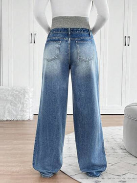 SHEIN بنطال جينز حمل مُصنَّع من الجينز الأزرق الكحلي المُنسوج، تصميم سترة واسعة للساق، بدعم خصر للسيدات الحوامل