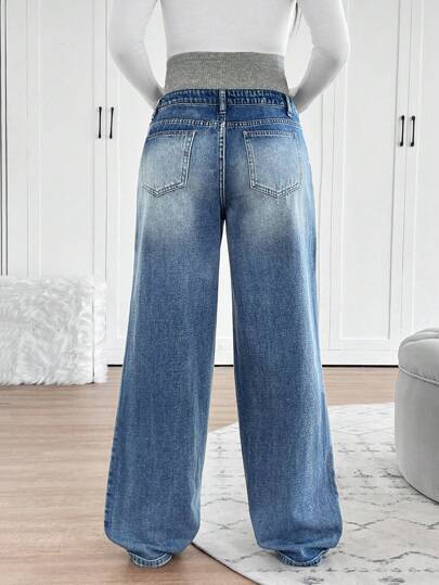 SHEIN بنطال جينز حمل مُصنَّع من الجينز الأزرق الكحلي المُنسوج، تصميم سترة واسعة للساق، بدعم خصر للسيدات الحوامل