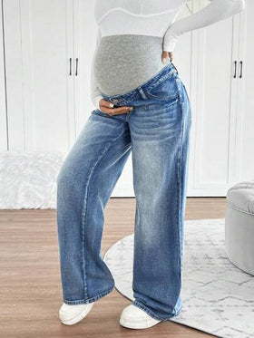 SHEIN بنطال جينز حمل مُصنَّع من الجينز الأزرق الكحلي المُنسوج، تصميم سترة واسعة للساق، بدعم خصر للسيدات الحوامل