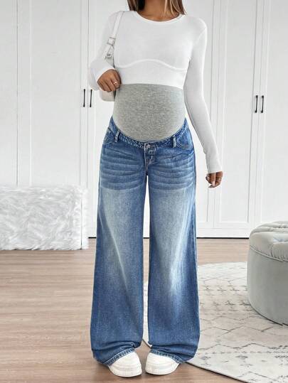 SHEIN بنطال جينز حمل مُصنَّع من الجينز الأزرق الكحلي المُنسوج، تصميم سترة واسعة للساق، بدعم خصر للسيدات الحوامل