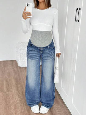 SHEIN بنطال جينز حمل مُصنَّع من الجينز الأزرق الكحلي المُنسوج، تصميم سترة واسعة للساق، بدعم خصر للسيدات الحوامل