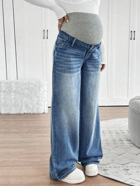 SHEIN بنطال جينز حمل مُصنَّع من الجينز الأزرق الكحلي المُنسوج، تصميم سترة واسعة للساق، بدعم خصر للسيدات الحوامل