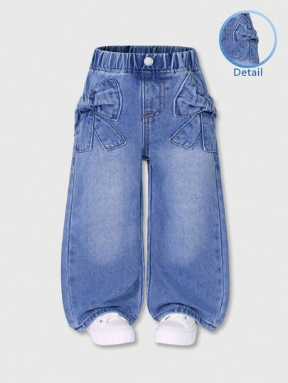 SHEIN Playful Pals بنطال جينز فتاة مرتاح الساقين قصاصة مطرزة بشريط أنيق، غسل كاجوال، مناسب للارتداء اليومي