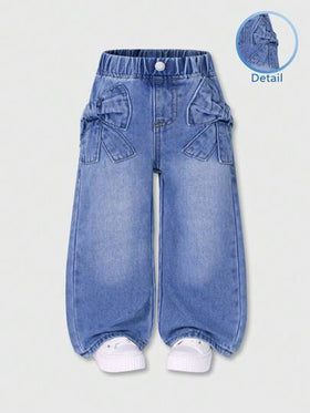 SHEIN Playful Pals بنطال جينز فتاة مرتاح الساقين قصاصة مطرزة بشريط أنيق، غسل كاجوال، مناسب للارتداء اليومي