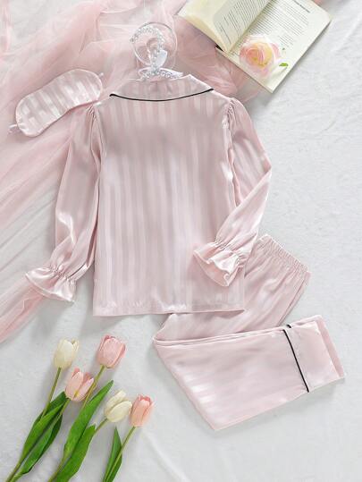 SHEIN 2 قطعة/مجموعة بناطيل وتوب نسائي من القطن الناعم المخطط باللون الوردي، ذات ربطة أمامية وديكور وسطي، بأكمام طويلة مناسب لارتداء البيت