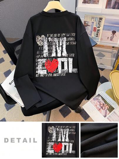 SHEIN تي شيرت تي شيرت بأكمام طويلة ممتلئ ومبطن للمراهقين الذكور، أنيق وعصري وناعم، مناسب للارتداء اليومي والمدرسة والسفر والرياضة في فصلي الخريف والشتاء، طباعة قلوب كرتونية
