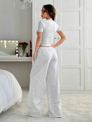 EZwear مجموعتان من بلوزة كم قصير ضيقة باللون الرمادي وبنطلون جوغر فضفاض، ملابس كاجوال للصيف