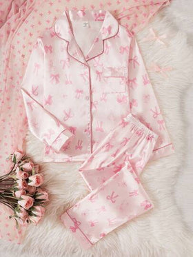 SHEIN طقم فتيات المراهقات مكون من قميص كارديجان بطبعة فيونكة وبنطال مريح، ملابس منزلية مريحة قطعتان