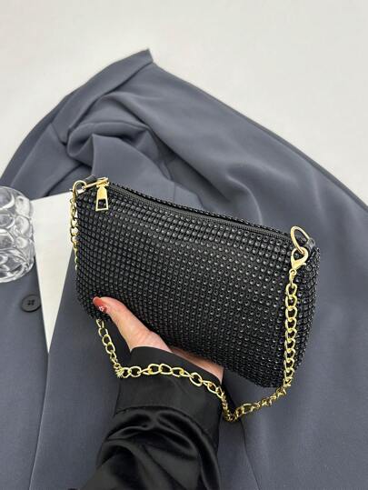 حقيبة كتف مرصعة بالراين ذات سلسلة لامعة، حقيبة كلاتش ذات سوستة عصرية، حقيبة نوعية ممتازة للارتداء تحت الإبط