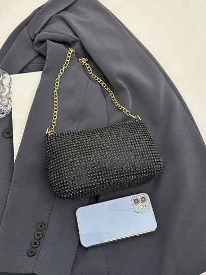 حقيبة كتف مرصعة بالراين ذات سلسلة لامعة، حقيبة كلاتش ذات سوستة عصرية، حقيبة نوعية ممتازة للارتداء تحت الإبط