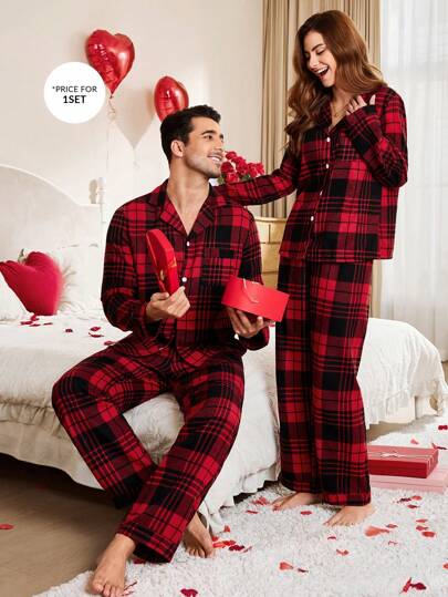 CoupledUp طقم بيجامة رجالي من ملابس علوية وبنطلون بياقة منقوشة مربعات، مناسب لعيد الحب، مريح وأنيق، ملابس خريف وشتاء
