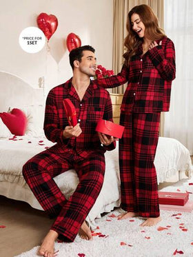 CoupledUp طقم بيجامة رجالي من ملابس علوية وبنطلون بياقة منقوشة مربعات، مناسب لعيد الحب، مريح وأنيق، ملابس خريف وشتاء