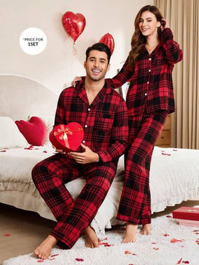 CoupledUp طقم بيجامة رجالي من ملابس علوية وبنطلون بياقة منقوشة مربعات، مناسب لعيد الحب، مريح وأنيق، ملابس خريف وشتاء
