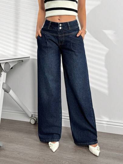 SHEIN Essnce سراويل جينز نسائية بجيوب وساق واسعة فضفاضة متعددة الاستخدامات