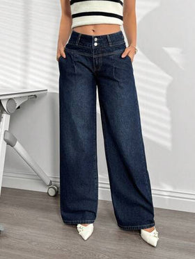 SHEIN Essnce سراويل جينز نسائية بجيوب وساق واسعة فضفاضة متعددة الاستخدامات
