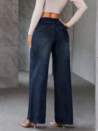 SHEIN Essnce سراويل جينز نسائية بجيوب وساق واسعة فضفاضة متعددة الاستخدامات