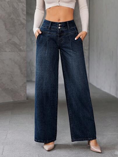 SHEIN Essnce سراويل جينز نسائية بجيوب وساق واسعة فضفاضة متعددة الاستخدامات