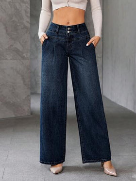 SHEIN Essnce سراويل جينز نسائية بجيوب وساق واسعة فضفاضة متعددة الاستخدامات