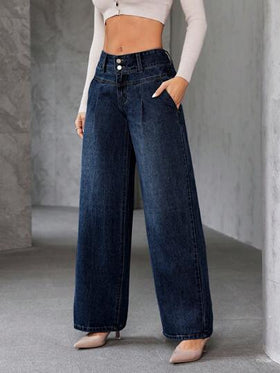 SHEIN Essnce سراويل جينز نسائية بجيوب وساق واسعة فضفاضة متعددة الاستخدامات