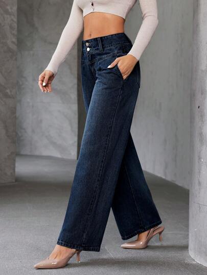 SHEIN Essnce سراويل جينز نسائية بجيوب وساق واسعة فضفاضة متعددة الاستخدامات