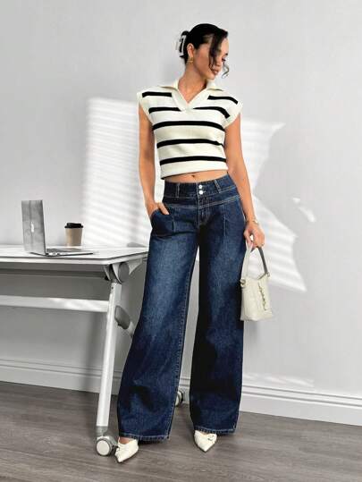 SHEIN Essnce سراويل جينز نسائية بجيوب وساق واسعة فضفاضة متعددة الاستخدامات