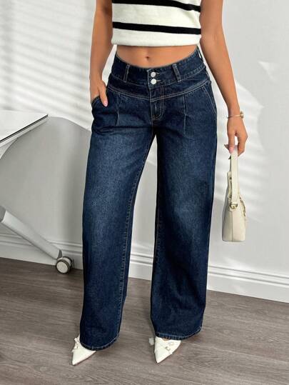 SHEIN Essnce سراويل جينز نسائية بجيوب وساق واسعة فضفاضة متعددة الاستخدامات