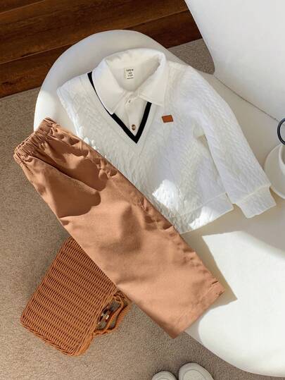 SHEIN مجموعة ملابس علوية أبيض وبنطال خصر مطاطي للأطفال الصبيان، مناسبة لحفلات عيد الميلاد، الحفلات المسائية، الأداء، الزفاف، حفلات استقبال المولود الجديد، احتفال عيد الميلاد الأول، 2 قطعة