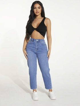 SHEIN PETITE بنطلون جينز مدبب خصر عالي بتفاصيل مرقع