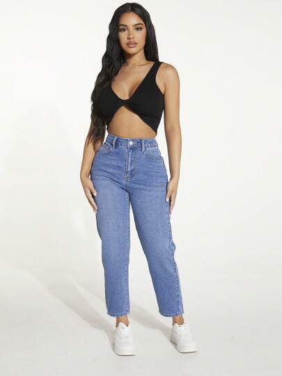 SHEIN PETITE بنطلون جينز مدبب خصر عالي بتفاصيل مرقع