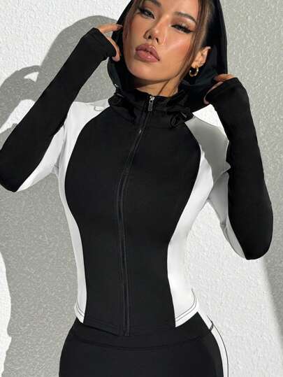 SHEIN Sport Studio بدلة رياضية للنساء من ملابس علوية طويلة الأكمام محاطة بالألوان وسروال رياضي، ملابس رياضية للنساء