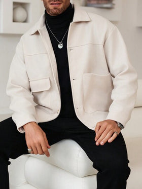 Manfinity Homme جاكيت كاجوال بأكمام طويلة وجيب أمامي بأزرار للرجال، لون أحادي، للارتداء اليومي، جاكيت كاجوال صوفية بأزرار أمامية وجيوب للرجال، لون أحادي، مناسبة كهدية عيد رأس السنة للأصدقاء، للخريف والشتاء